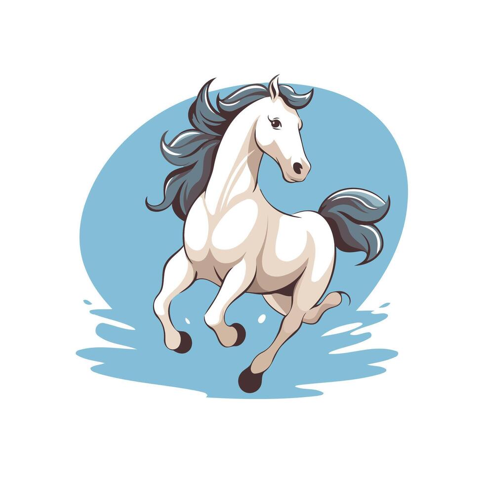 White horse with long mane running on blue background element illustration vector
