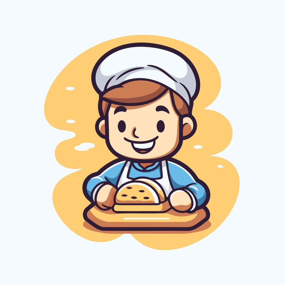 Cute boy chef with bread element illustration Cartoon style vector