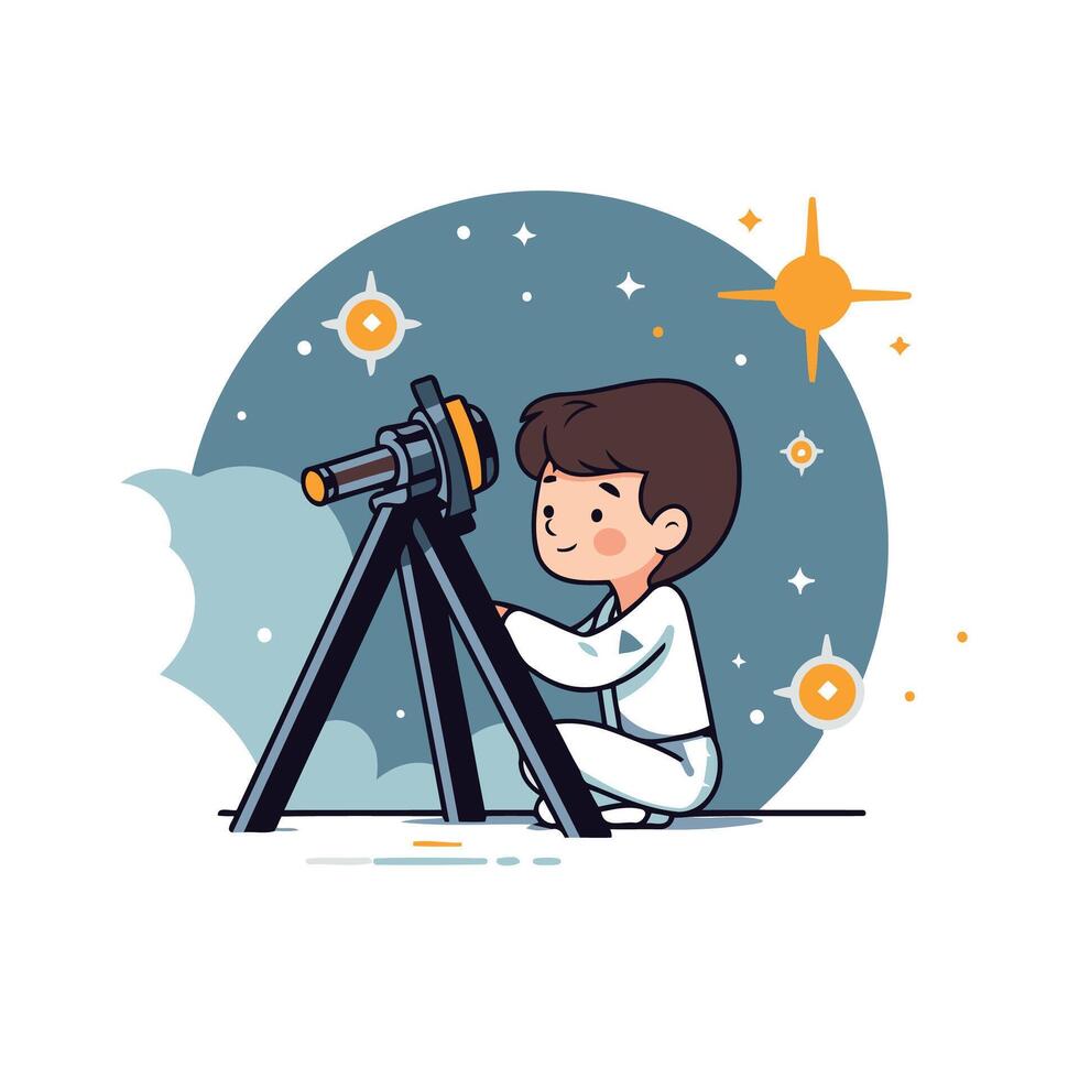 Boy looking through telescope illustration in flat cartoon style on white background vector