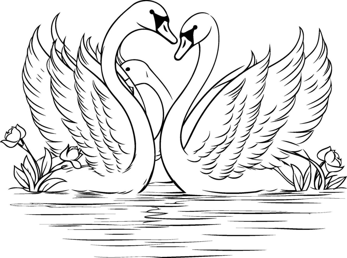 Two swans in love Black and white element illustration for coloring book vector