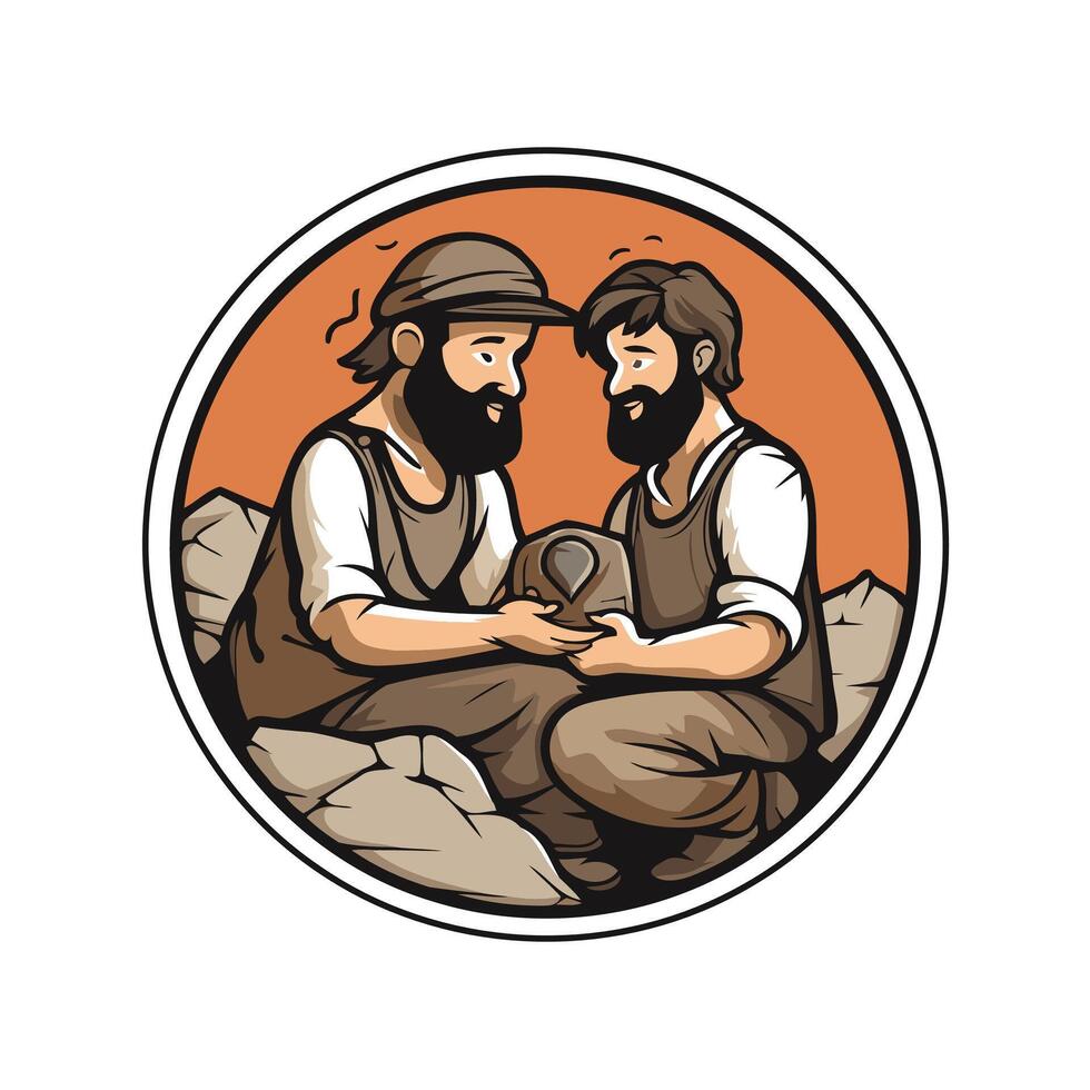 Illustration of a muslim man holding a compass while sitting on a rock vector