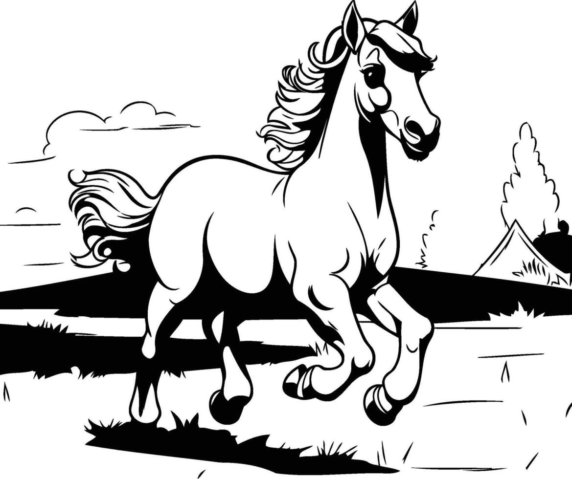Horse running in the field Black and white element illustration vector