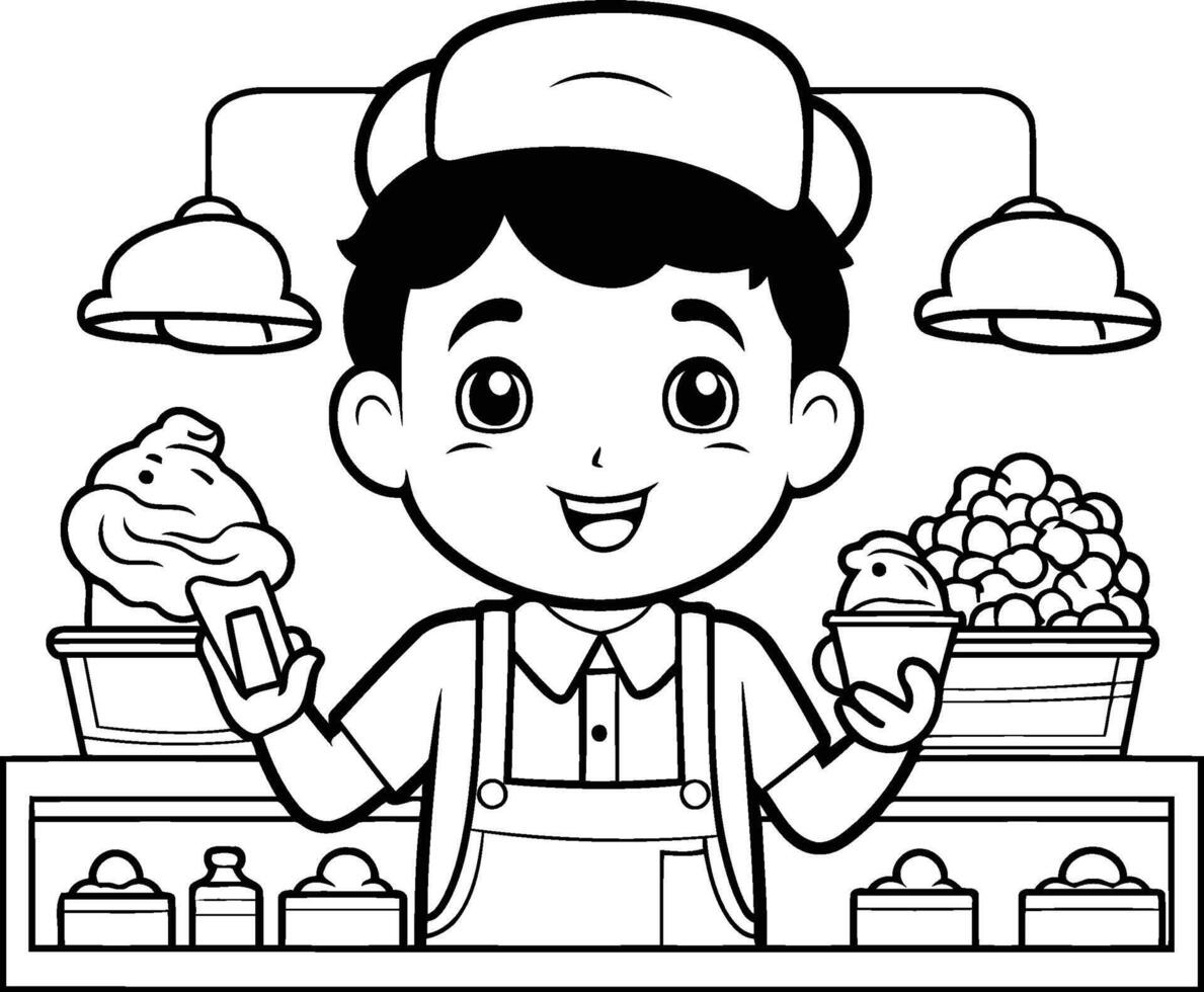 Barista boy with ice cream cartoon in black and white element illustration graphic design vector