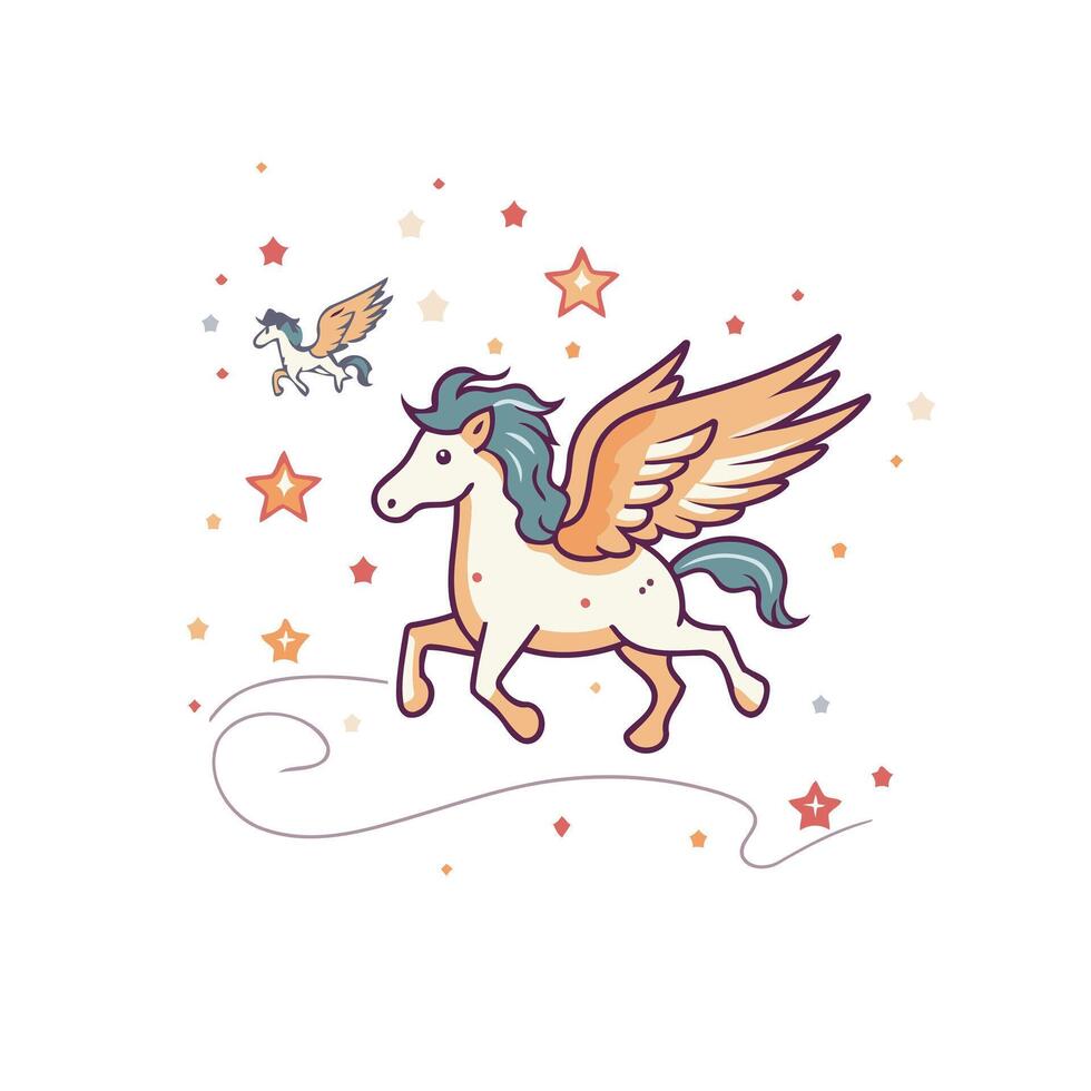 Unicorn with wings and stars element illustration in cartoon style vector