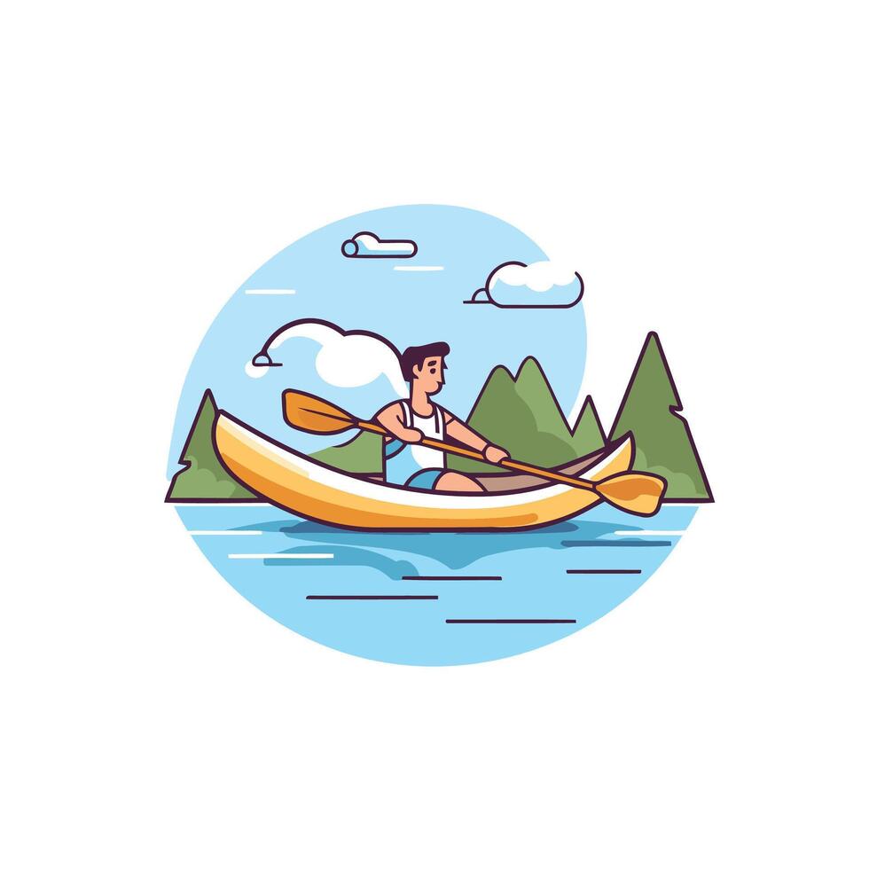 Man in a kayak on the lake Flat element illustration vector
