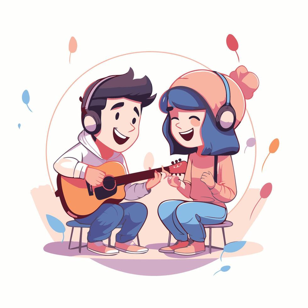 Young man and woman playing guitar and singing element cartoon illustration vector