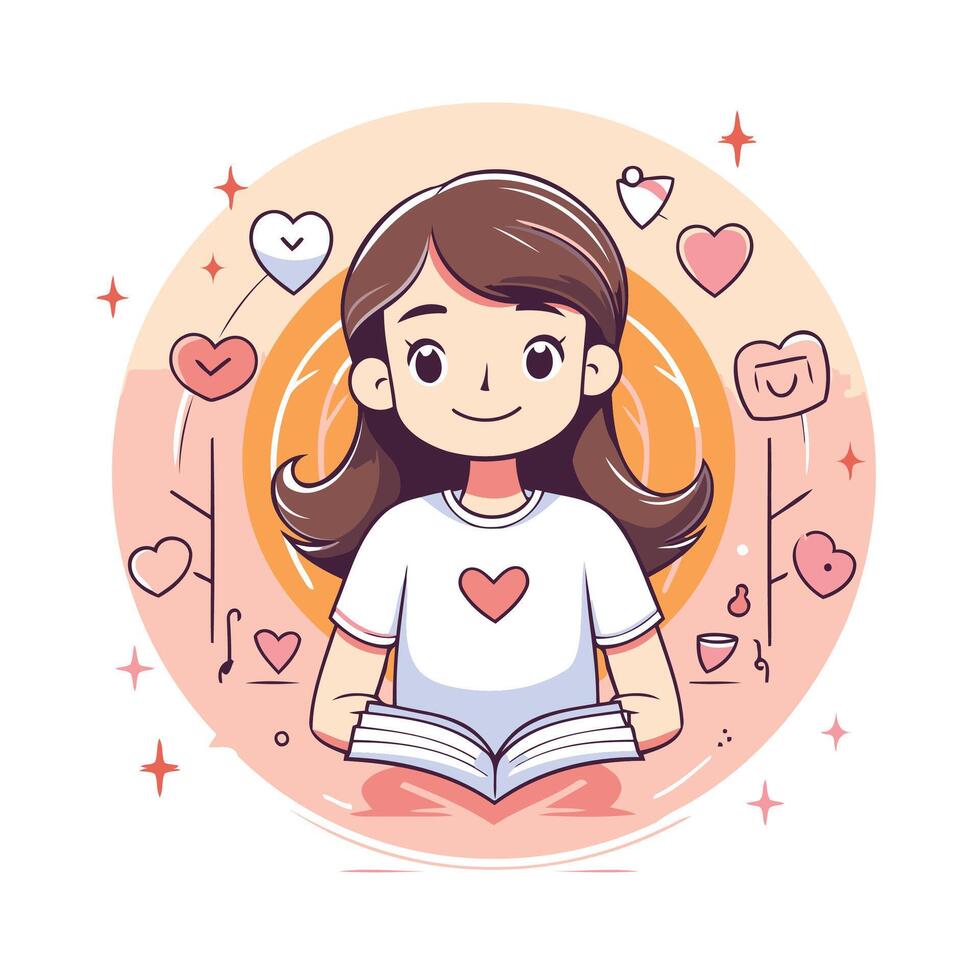 Cute girl reading a book element illustration in cartoon style vector