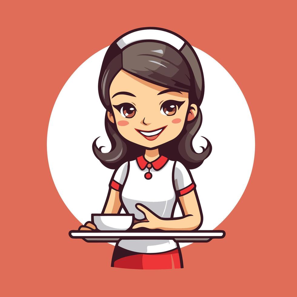 Smiling waitress holding tray with cup of coffee element illustration vector