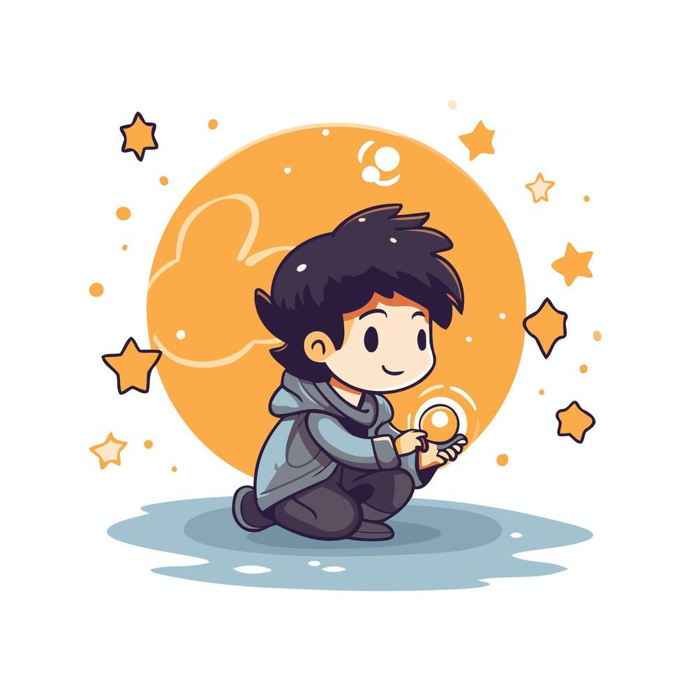Cute boy with magic wand element illustration in cartoon style vector