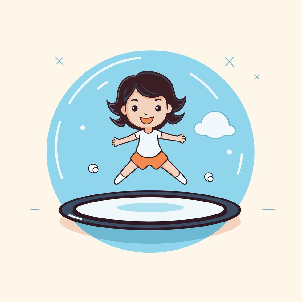 Happy little girl jumping on a pool illustration in cartoon style vector