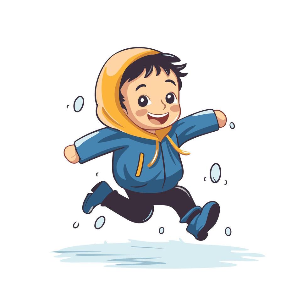 Cute little boy running in a raincoat element illustration vector