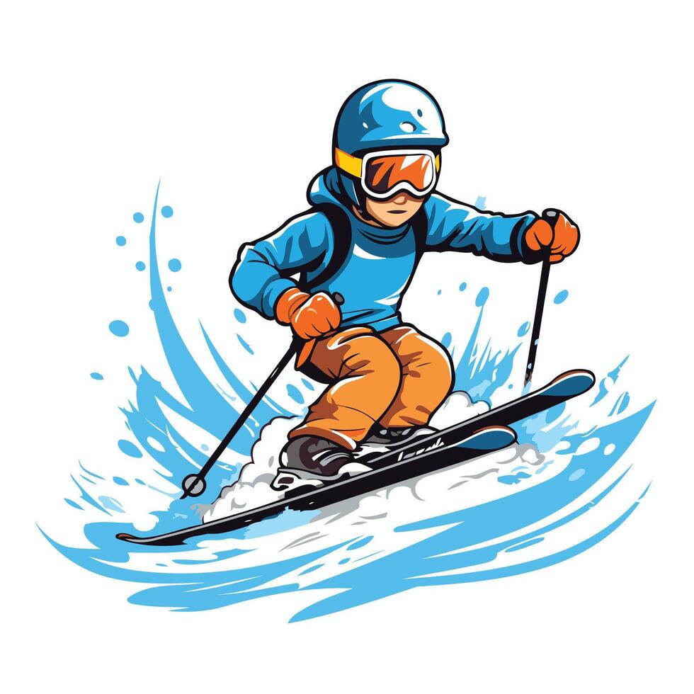 element illustration of a skier in a helmet and goggles skiing downhill on a white background vector