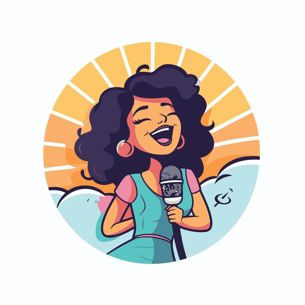 illustration of karaoke girl singing in microphone with sunburst on background vector