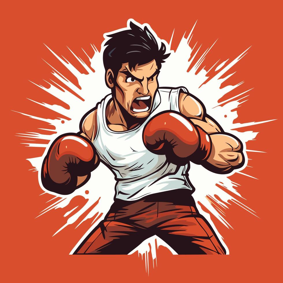 Angry boxer with red boxing gloves element illustration in retro style vector