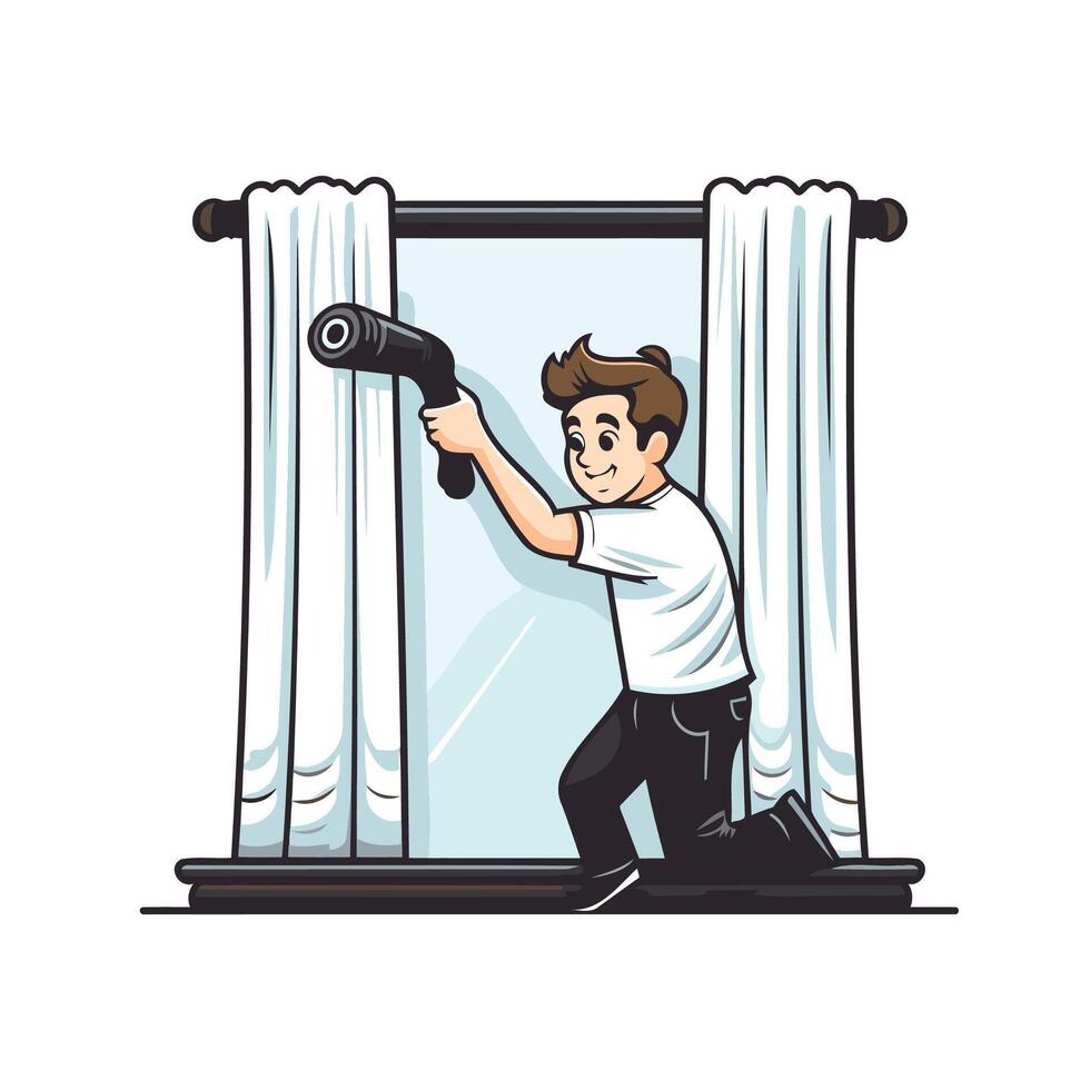 Man looking through the window and holding a camera illustration vector