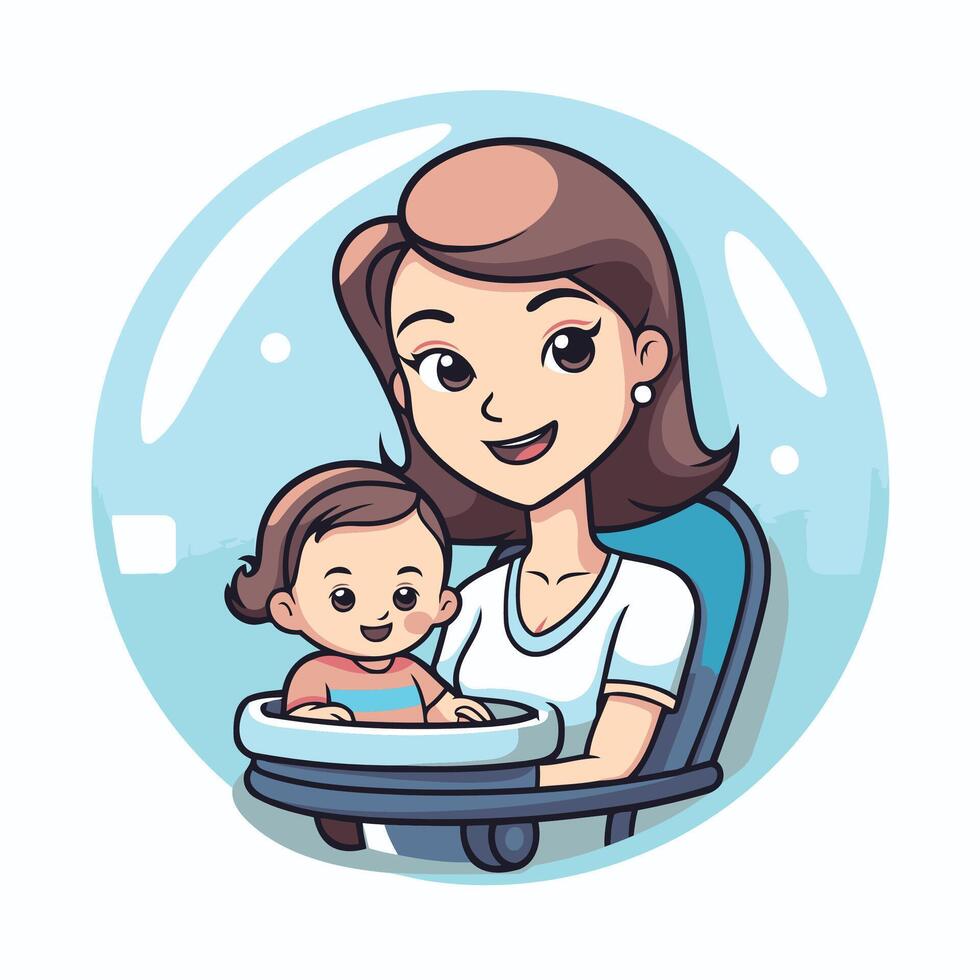 Mother and baby in the stroller element illustration in cartoon style vector