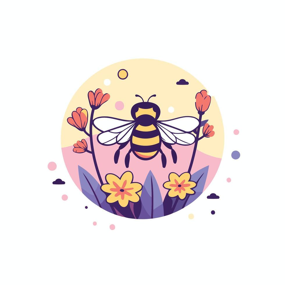 Bee and flowers element illustration in flat style on a white background vector