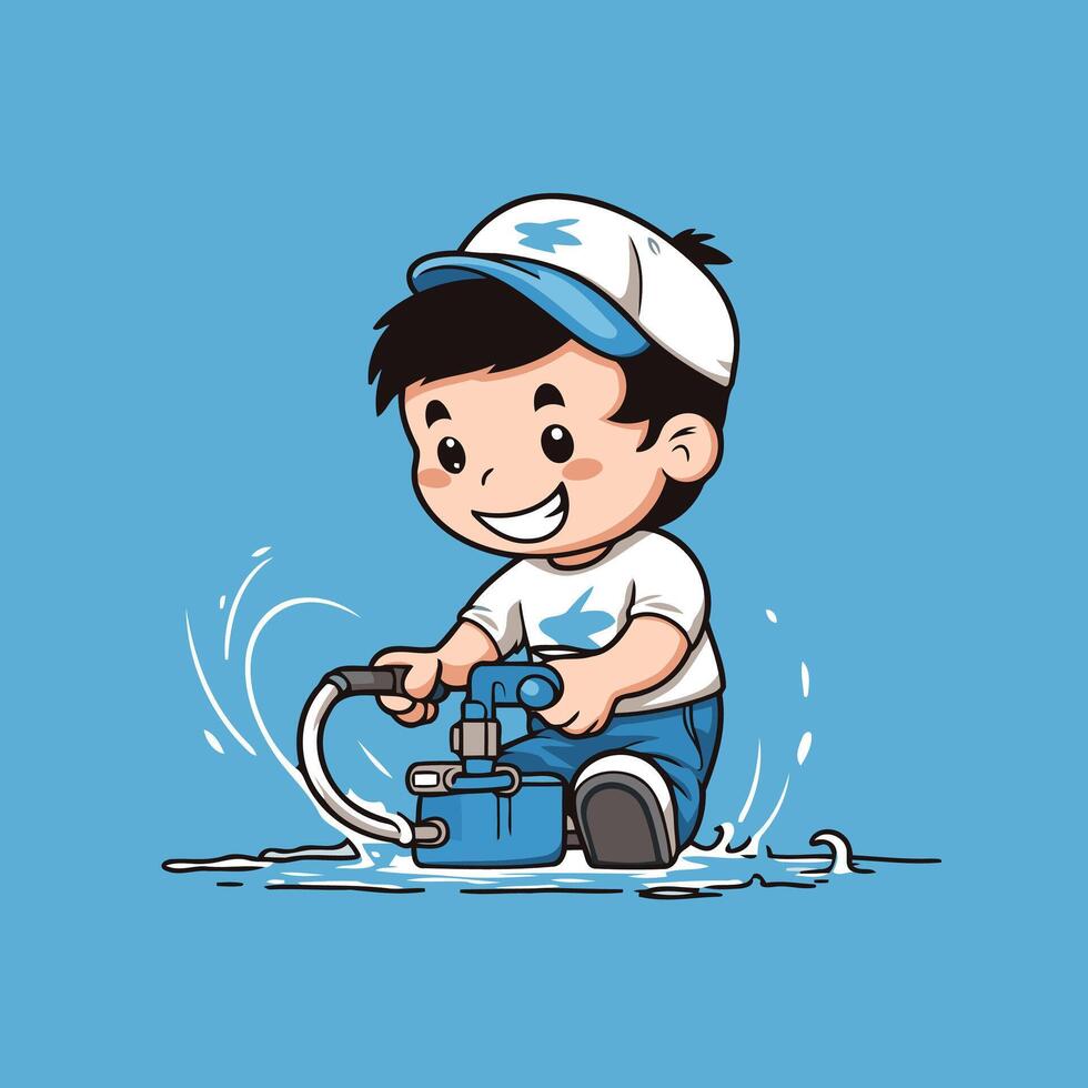 Boy playing with a water pump illustration on blue background vector