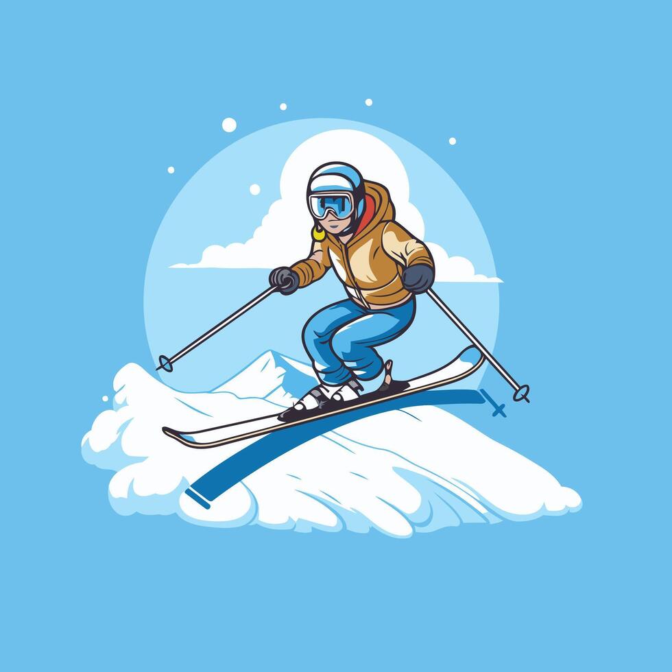Skiing man element illustration Skier in helmet and goggles skiing downhill vector
