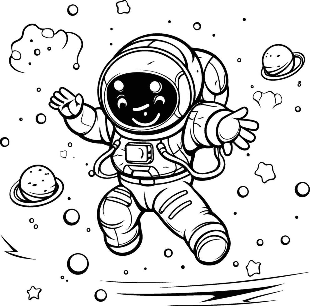 Astronaut in space black and white element illustration for coloring book vector