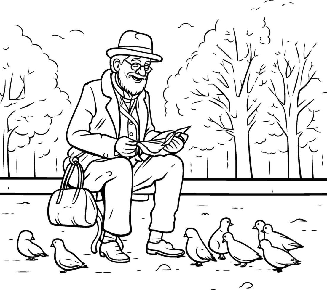 Elderly man sitting in the park and reading a book element illustration vector