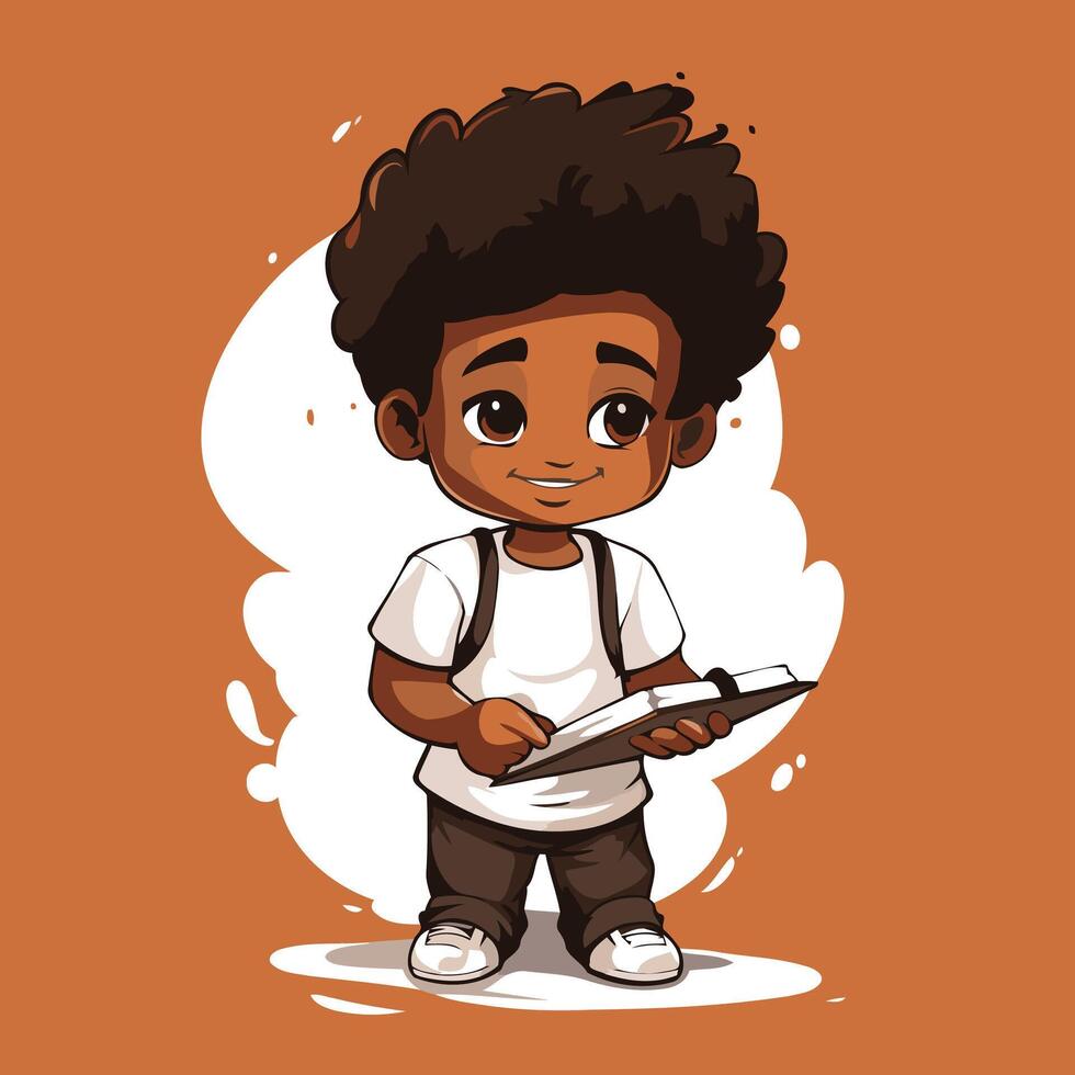 Cute little African American boy with a tablet illustration vector
