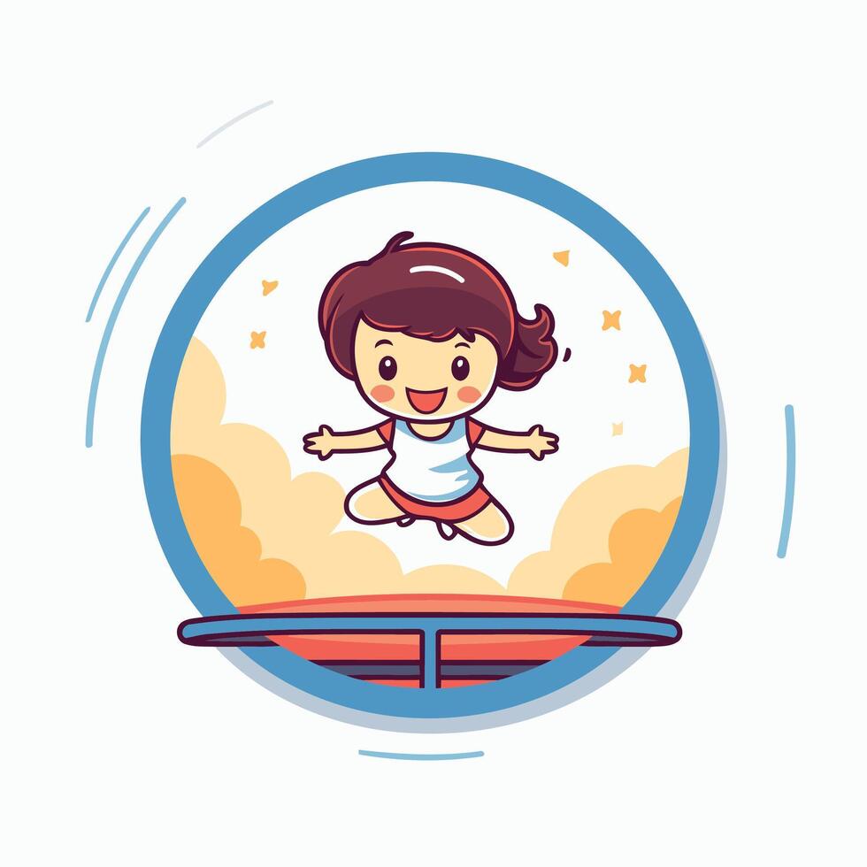 Little girl jumping on trampoline illustration in cartoon style vector