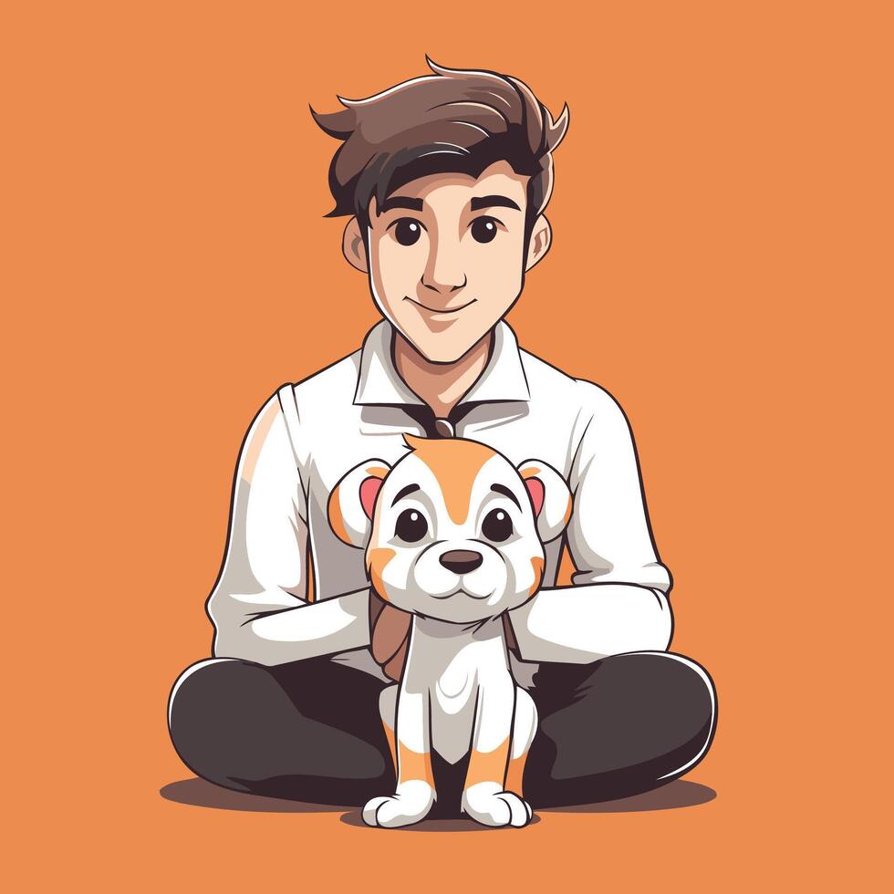 Man with dog element illustration in cartoon style on orange background vector