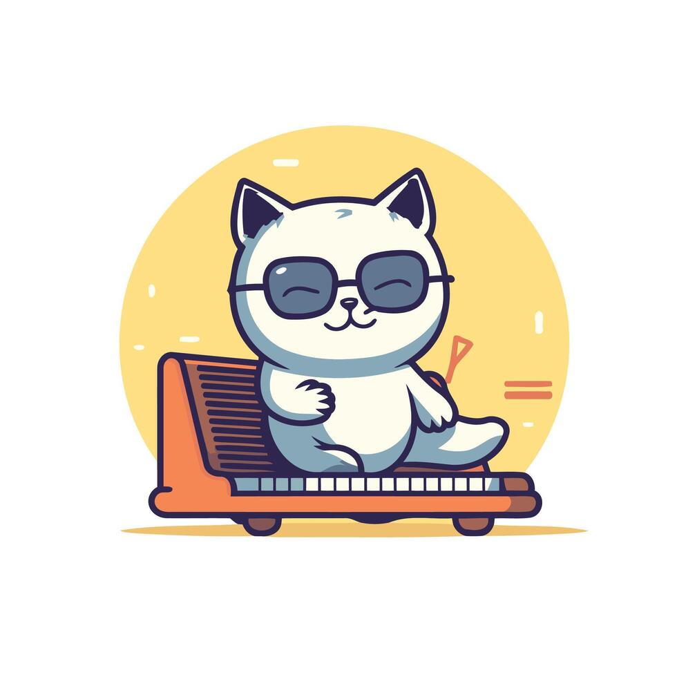 Cute cat in sunglasses sitting on a suitcase element illustration vector