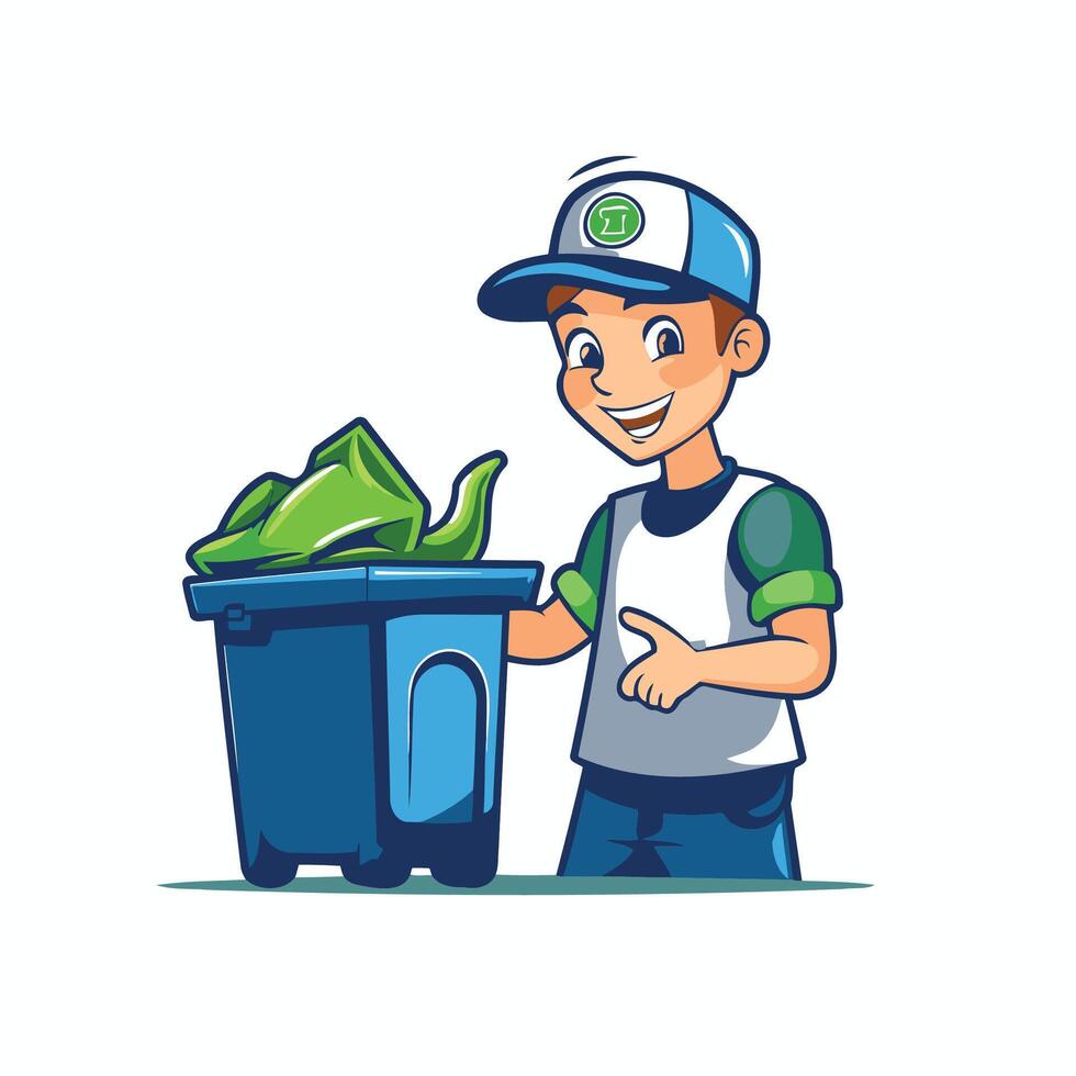 Cartoon man in uniform throwing garbage into trash can element illustration vector
