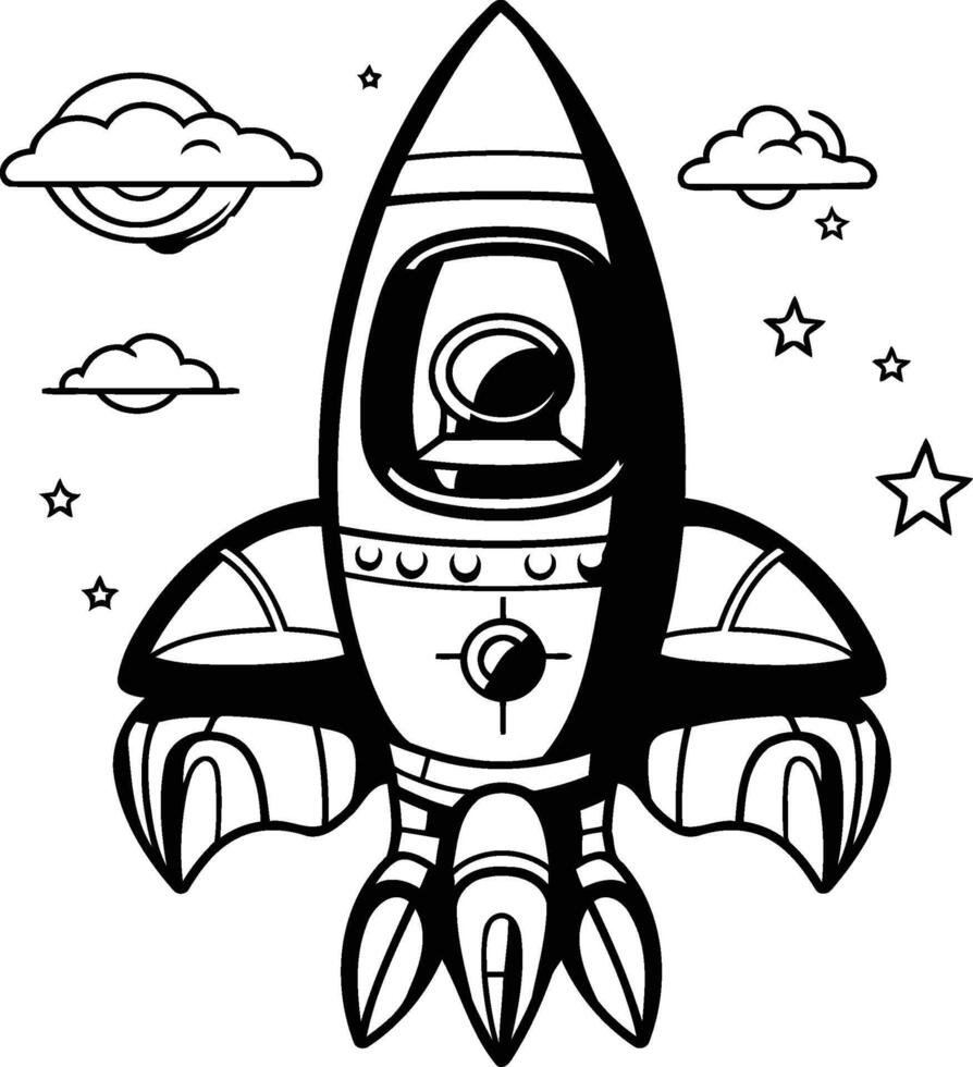 Space rocket Black and white element illustration for coloring book or page vector