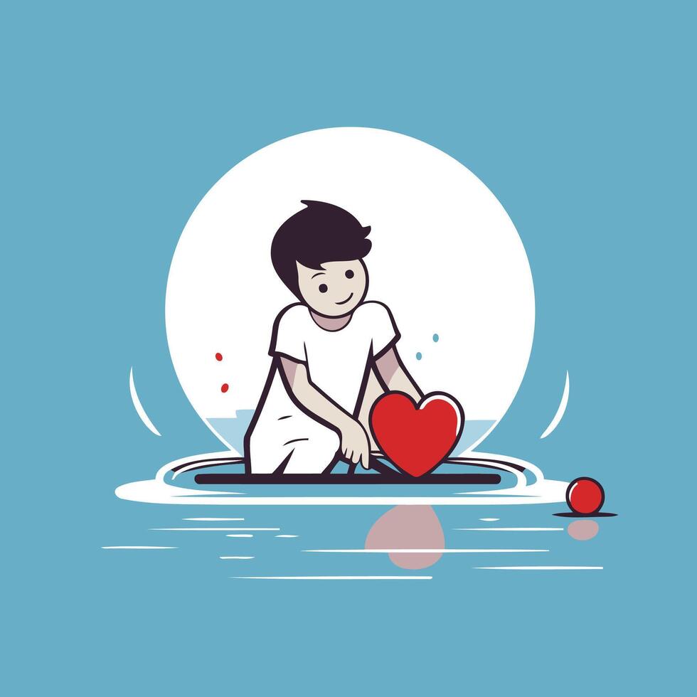 Cute little boy playing with heart in the water element illustration vector