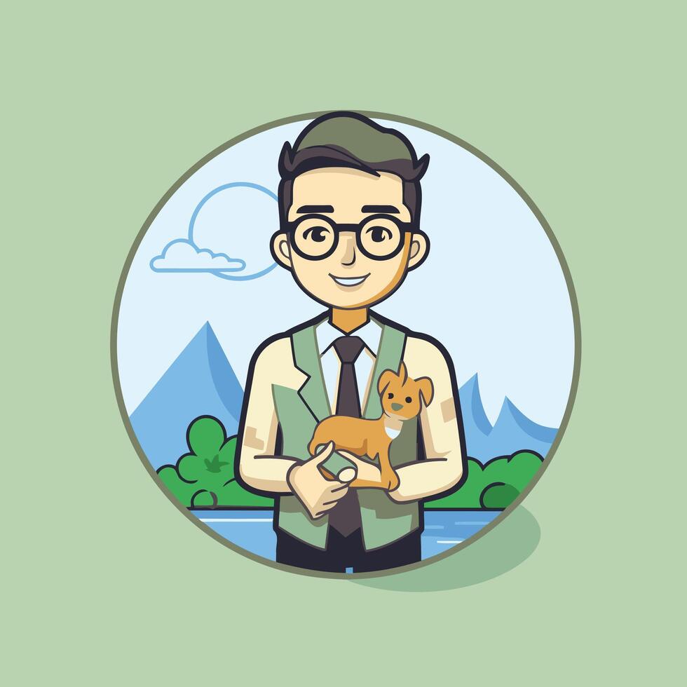 Businessman with a dog in his hands element flat illustration vector