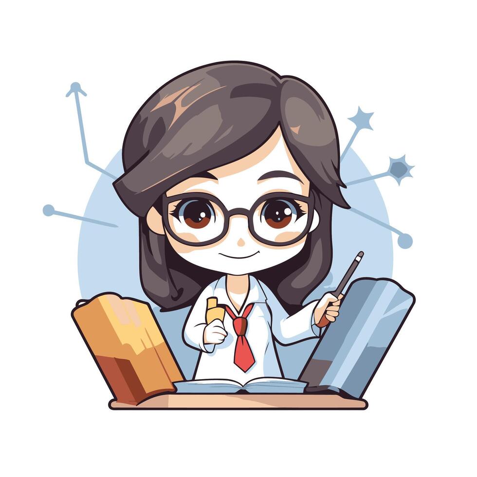 Cute little girl in glasses reading a book element illustration vector