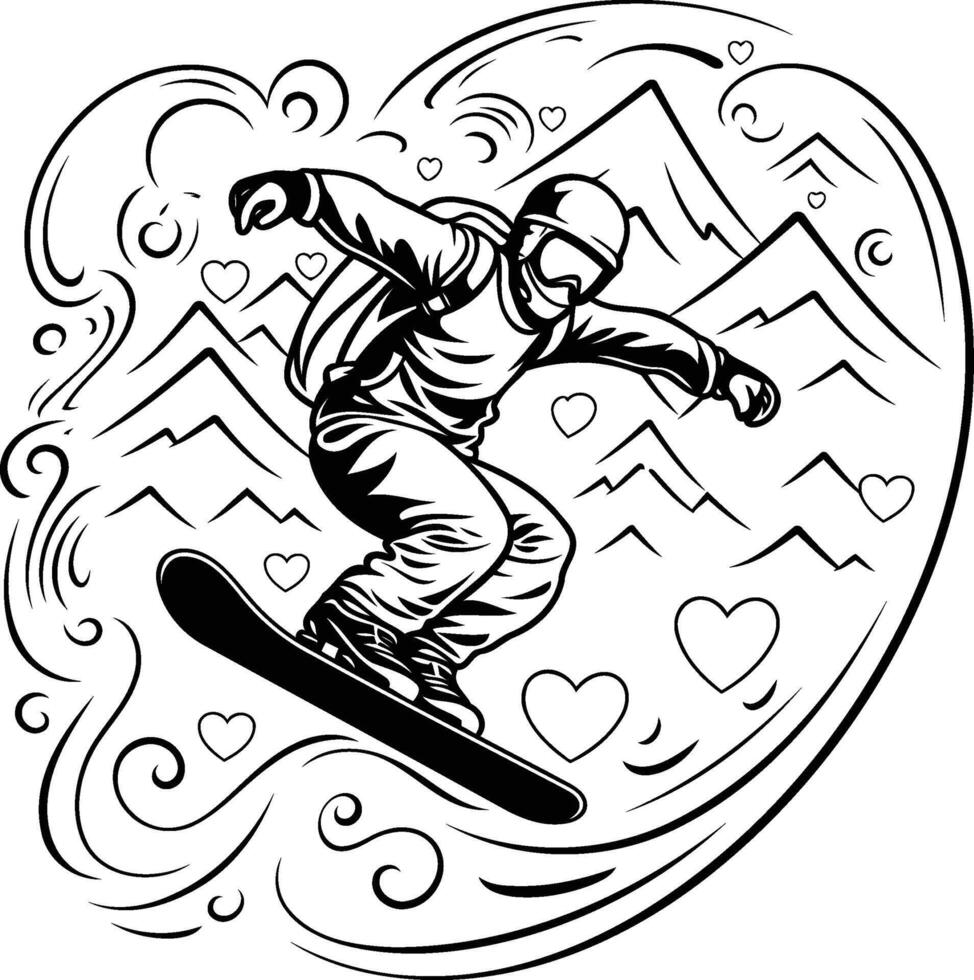 Snowboarder jumping in the air black and white element illustration vector