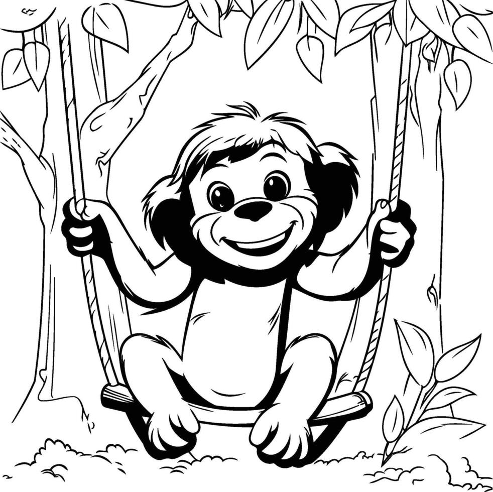 Monkey on swing black and white illustration for coloring book vector