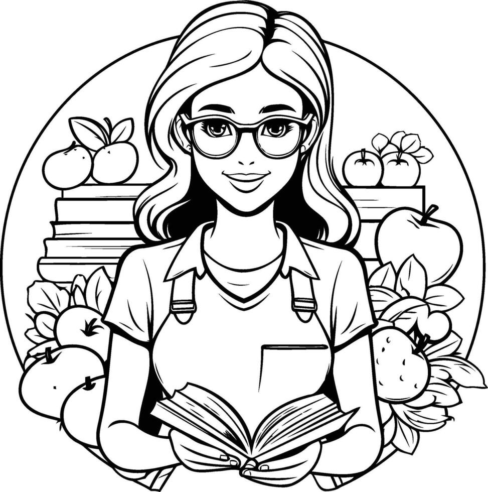 Girl with apple and book design Fruit healthy organic food sweet and nature theme illustration vector