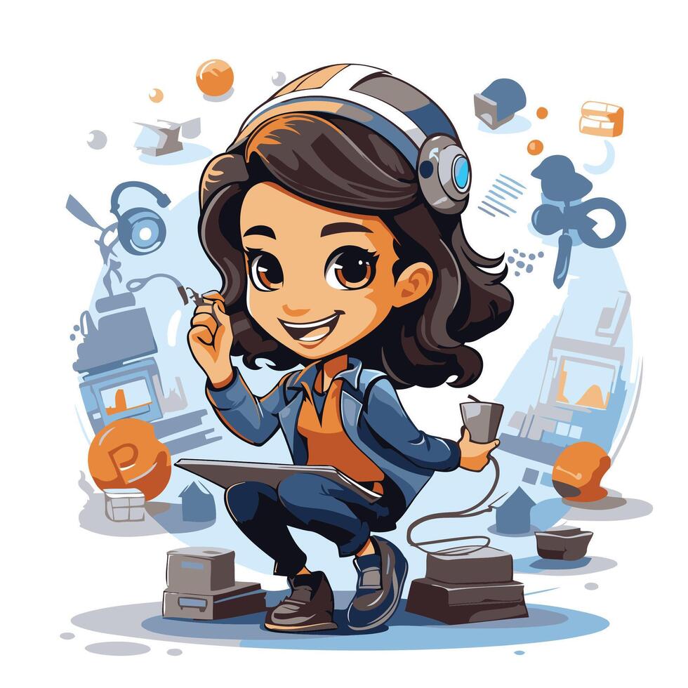 cartoon illustration of a girl with headphones and a tablet computer vector