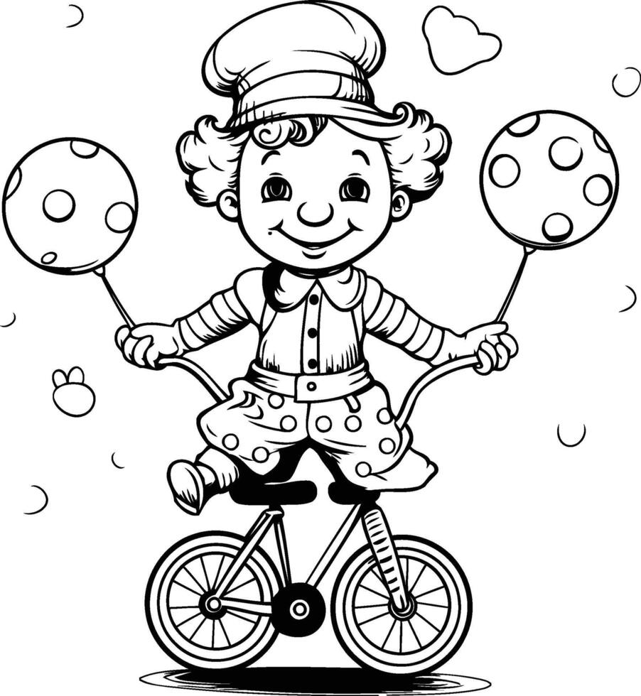 Cartoon illustration of circus clown riding a bicycle and juggling balls vector