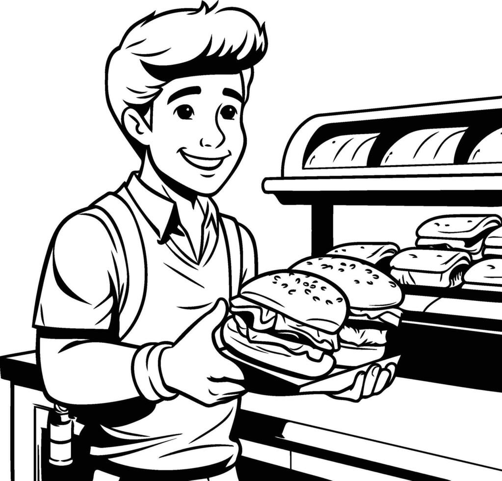 Handsome man holding a hamburger element illustration in black and white vector