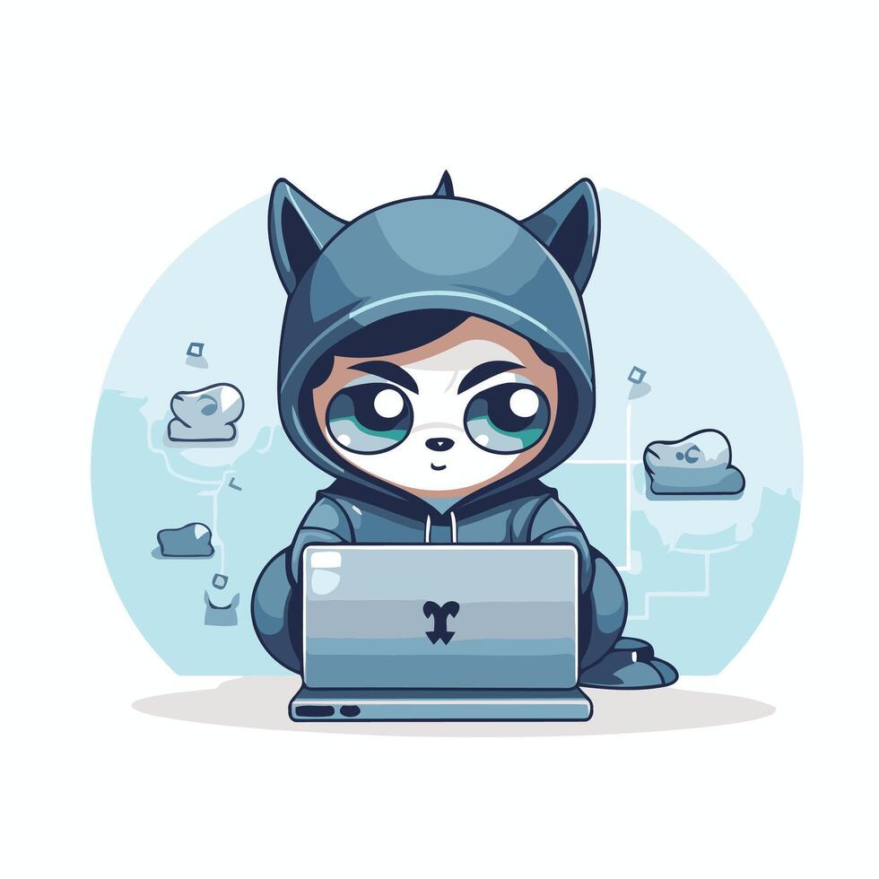 Cute cartoon boy in a hood with a laptop element illustration vector