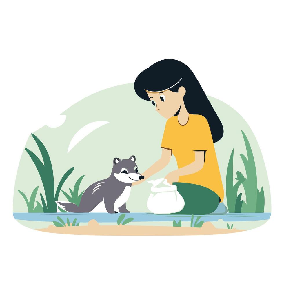 Young woman feeding a husky dog in the park element illustration vector