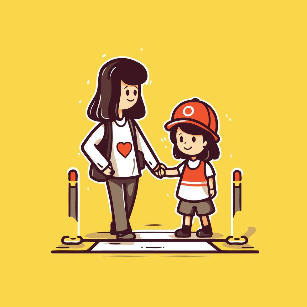 Cute little girl and her mother holding hands Cartoon illustration vector