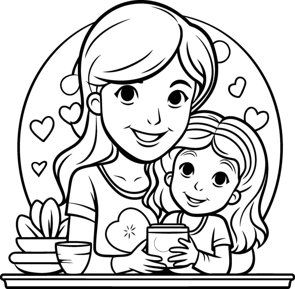 Mother and daughter drinking coffee Black and white illustration for coloring book vector