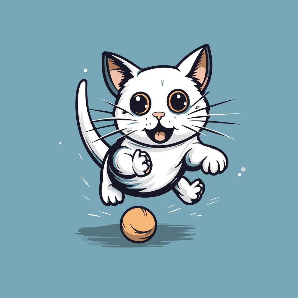Cute cartoon cat playing with ball element illustration on blue background vector