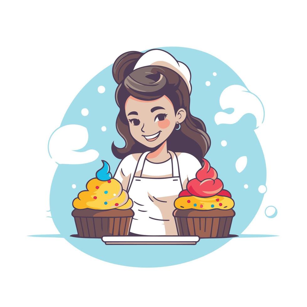 Cute girl chef with cupcakes element illustration in cartoon style vector