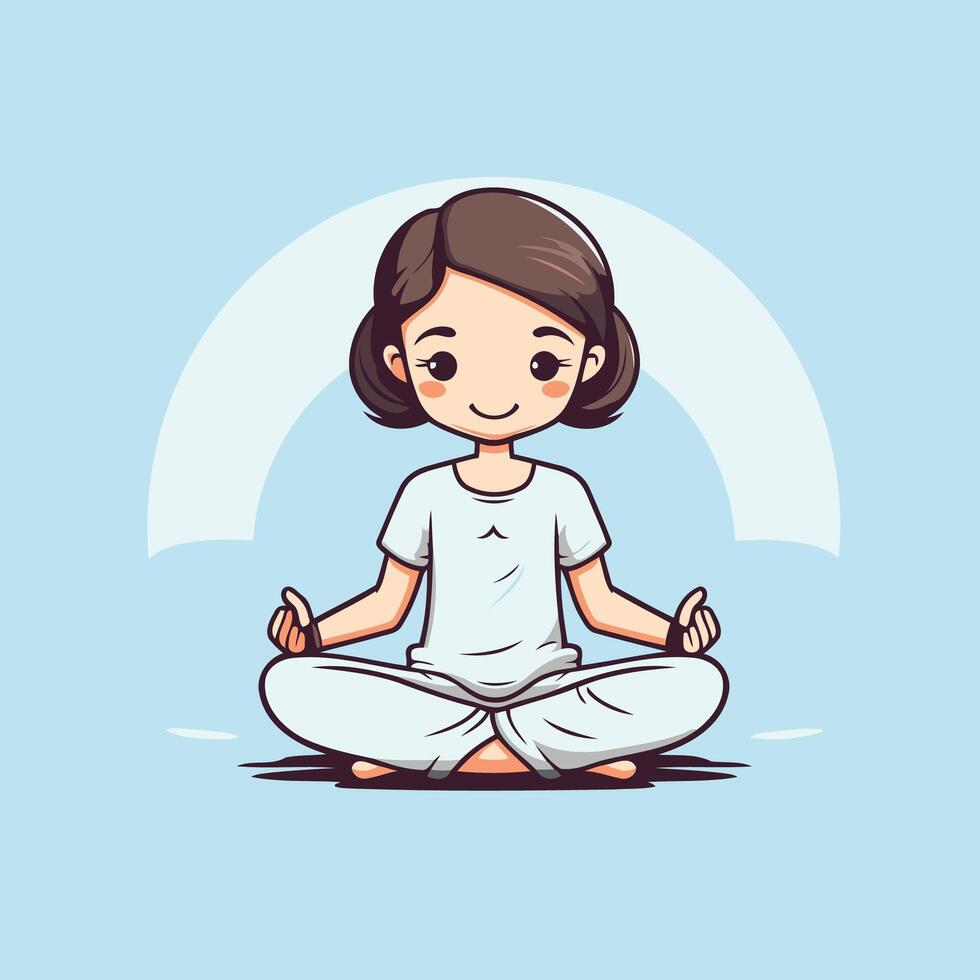Cute cartoon girl meditating in lotus position element illustration vector
