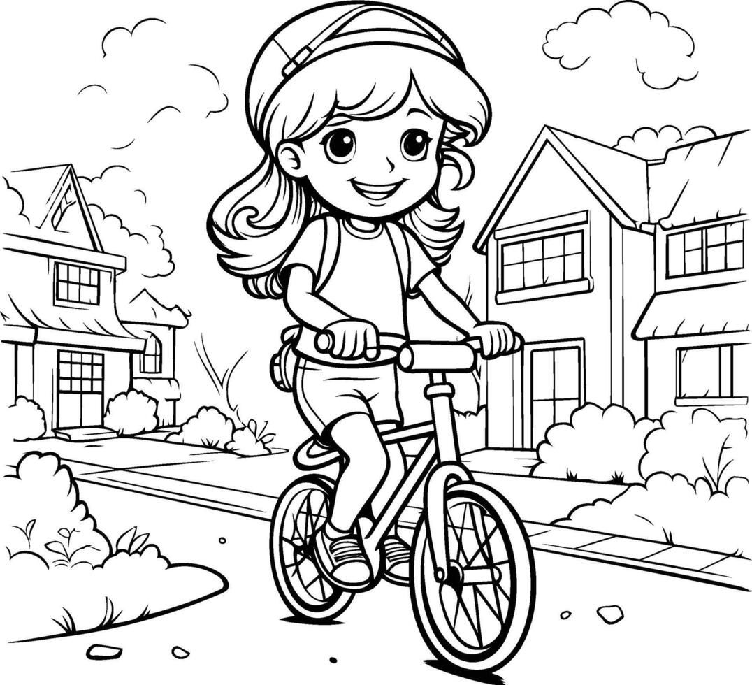 Coloring Page Outline Of a Cute Little Girl Riding a Bicycle vector