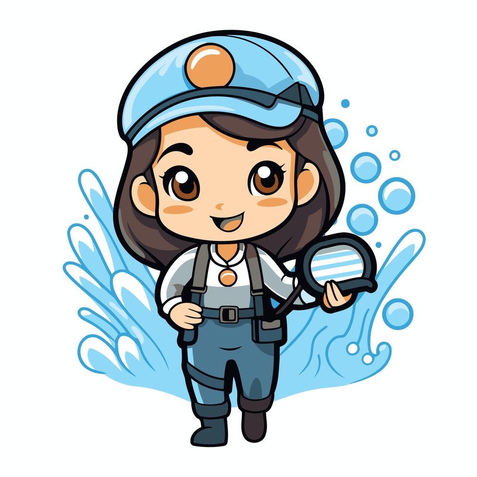 element illustration of Cute Little Girl in Police Uniform Holding Magnifying Glass vector