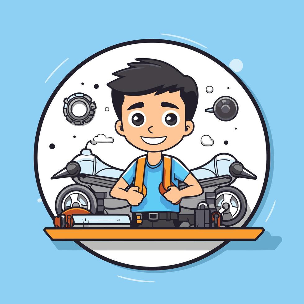Cartoon man with motorcycle element illustration in flat design style vector